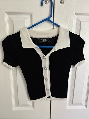 Cider Black & White Ribbed Short Sleeve Button Up